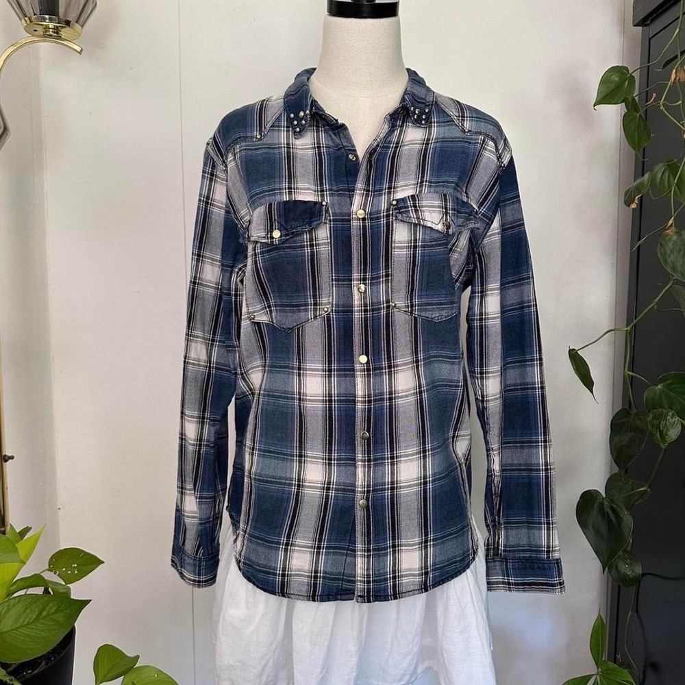 HM Womens Navy White Plaid Western Studded Flannel Button Up Shirt Size 14 Large